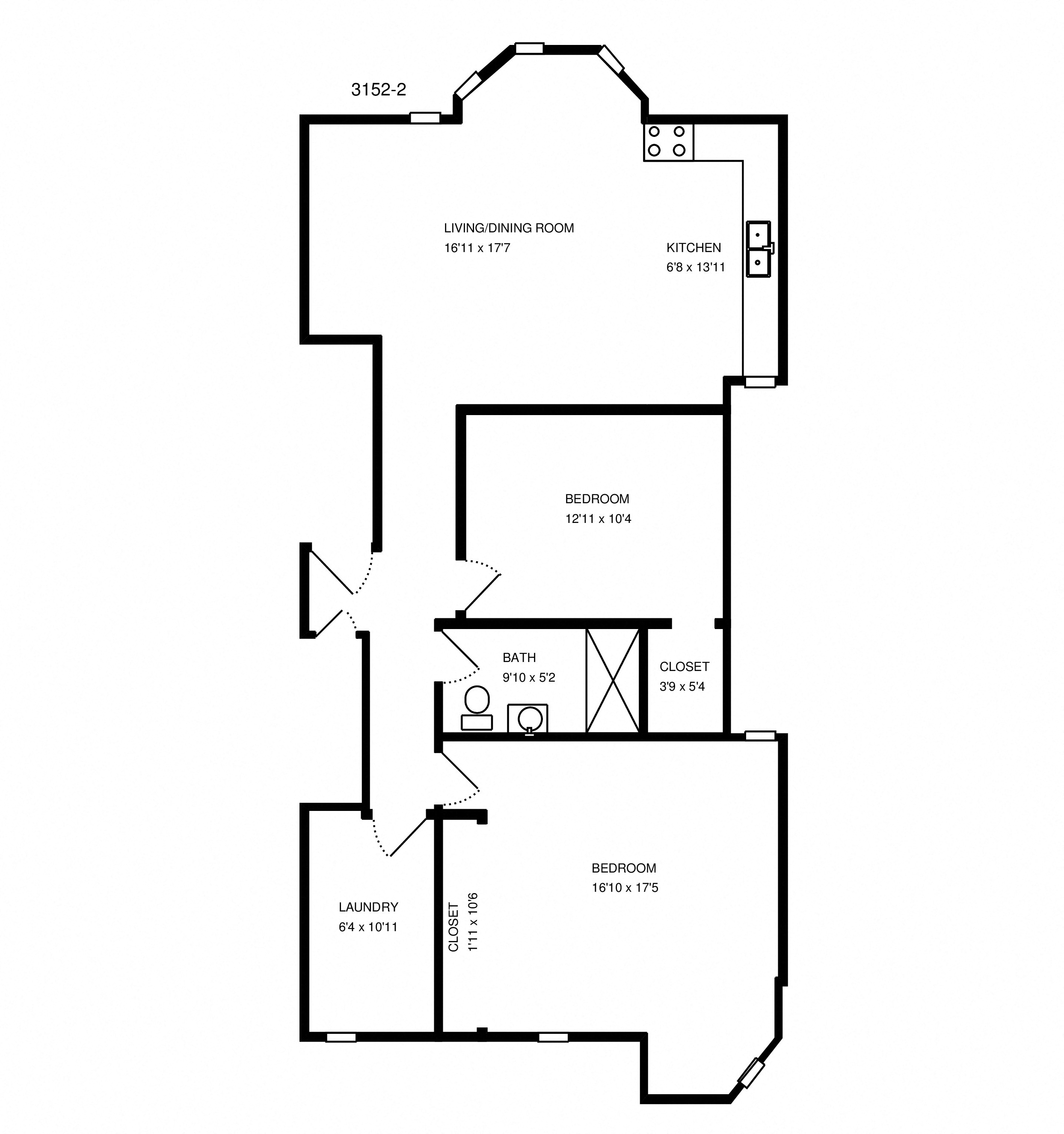 Floor plan for 2 beds, 1 bath, 958 sqft